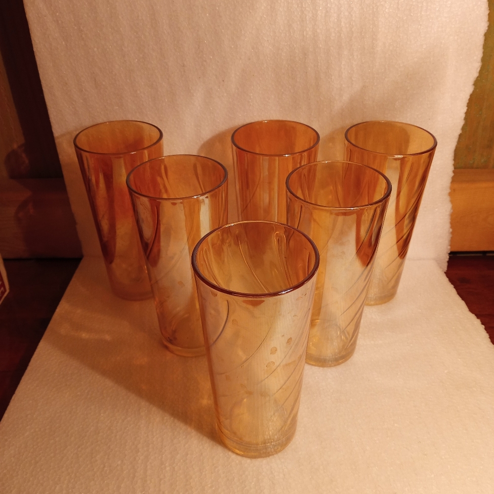 Jeanette Swirl Marigold Carnival Drinking Glass 6 1/2" Tall Lot of 6 Tumblers
